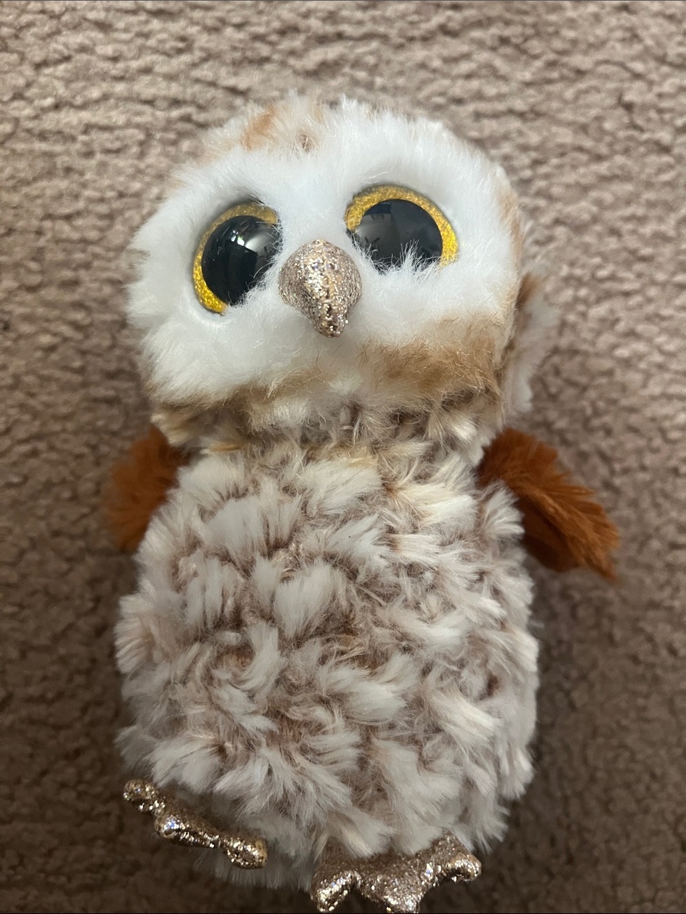 Ty Beanie Baby Plush Owl Toy - Cream & Brown Soft Small Pet Plush